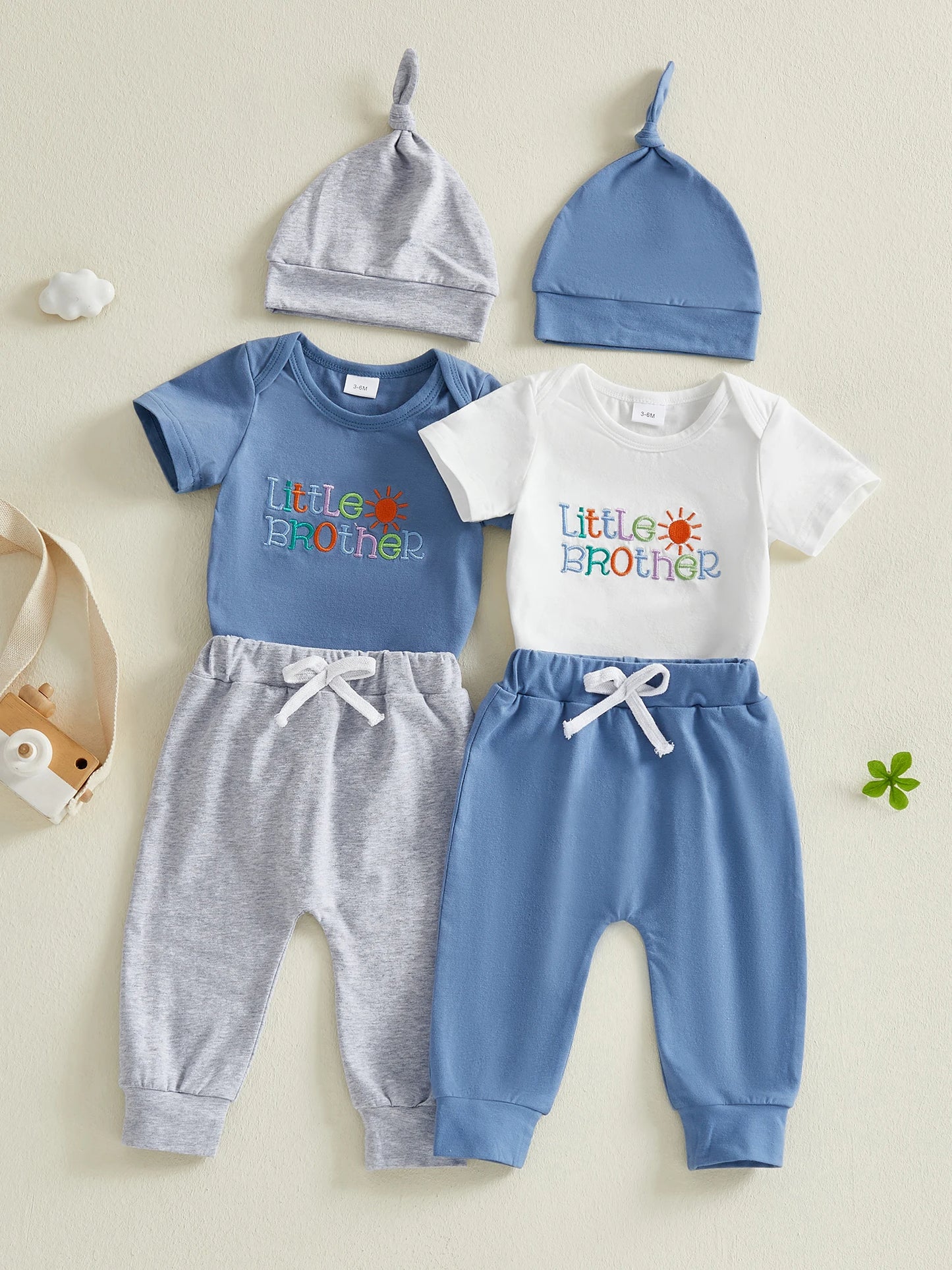 Baby Boys 3Pcs Little Brother Clothing Set Fashionable Short Sleeve Letters Embroidery Romper with Jogger Pants Hat Outfit