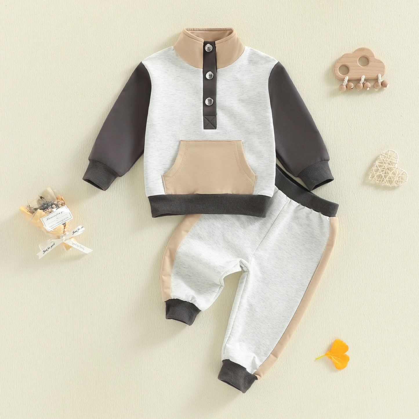 Baby Toddler Boys Girls 2Pcs Clothing Jogger Set Contrast Color Long Sleeve Collar Quarter Button Up Pullover with Pants Outfit