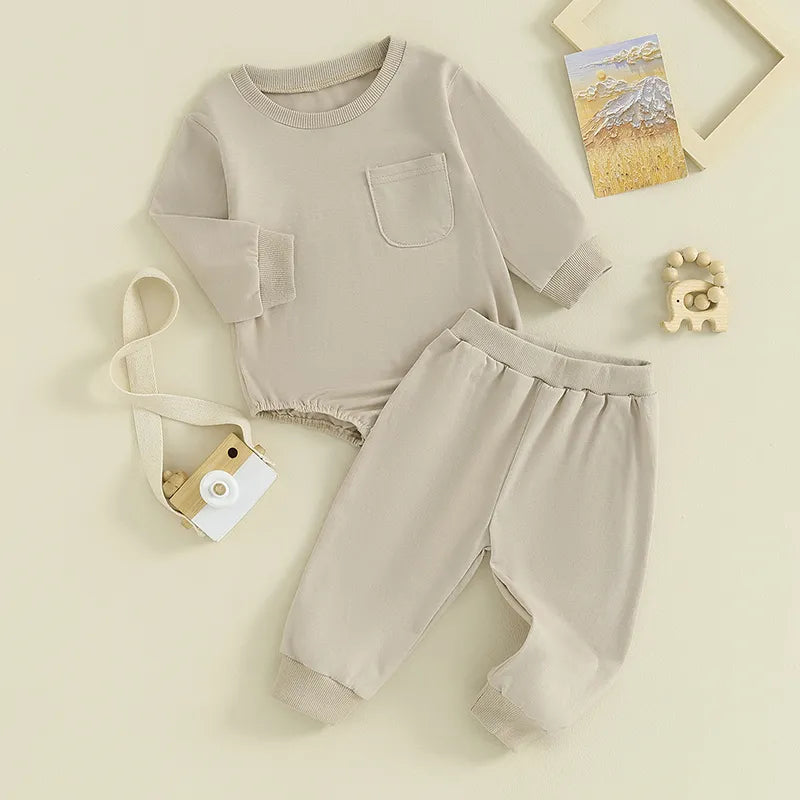 Baby Fall Outfits Girl Boy 2Pcs Solid Color Crewneck Pocket Oversized Long Sleeve Romper Pants Set