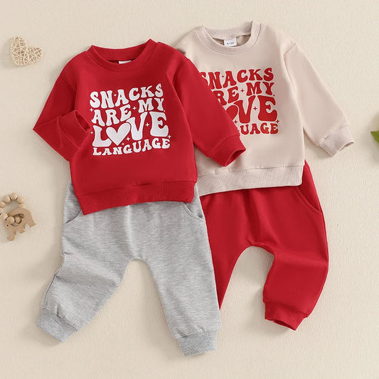 Baby Toddler Boys Girls 2Pcs Snacks Are My Love Language Valentine's Day Outfit Letter Print Long Sleeve Top and Elastic Pants Jogger Set Valentines