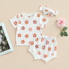 Load image into Gallery viewer, Baby Girl 3Pcs Summer Outfits Short Sleeve Floral Print Tops Tie Front Shorts Headband Set Clothes
