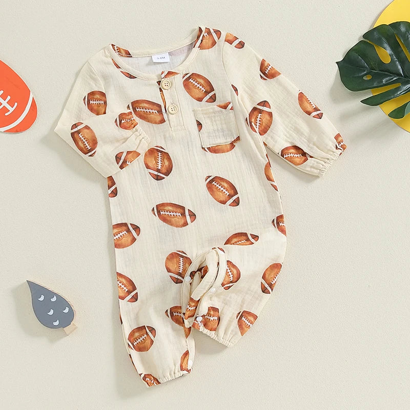 Baby Boy Girl Bodysuit Football Print Long Sleeve Button Pocket Round Neck Fall Romper