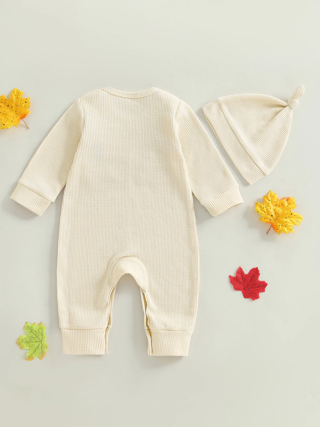 Baby Boys Girls 2Pcs Little Turkey Thanksgiving Outfit Long Sleeve Crew Neck Letter Turkey Embroidery Full Length Romper with Hat Set