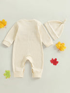 Baby Boys Girls 2Pcs Little Turkey Thanksgiving Outfit Long Sleeve Crew Neck Letter Turkey Embroidery Full Length Romper with Hat Set