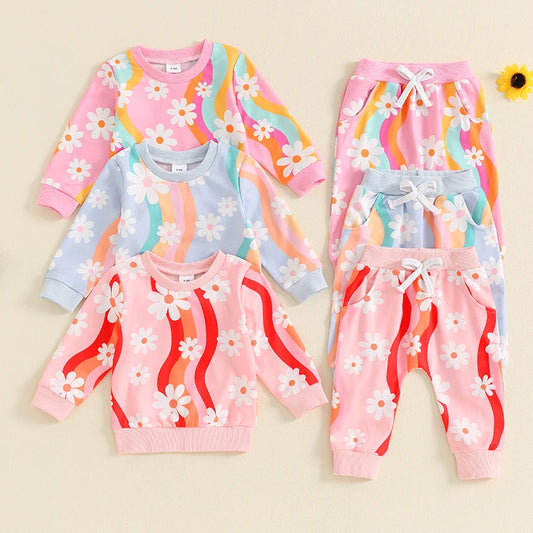 Baby Toddler Girls 2Pcs Fall Outfit Striped Daisy Flower Print Long Sleeve Top and Elastic Pants Set