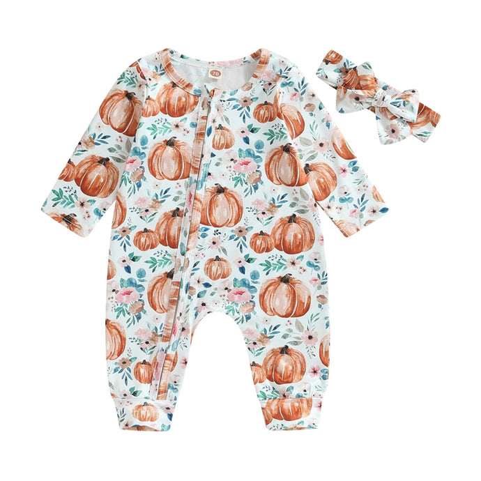 Baby Girl 2 Pcs Long Sleeve Pumpkin Flower Print Jumpsuit Romper Headband Halloween Outfit