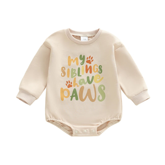 Baby Boy Girl Bubble Romper My Siblings Have Paws Letter Print Long Sleeve Crew Neck Jumpsuit Casual Winter Fall Clothes