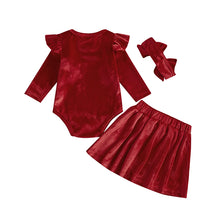 Load image into Gallery viewer, Baby Girls 3Pcs Christmas Outfit Ruffle Long Sleeve Velvet Romper Elastic Waist Skirt Headband Set
