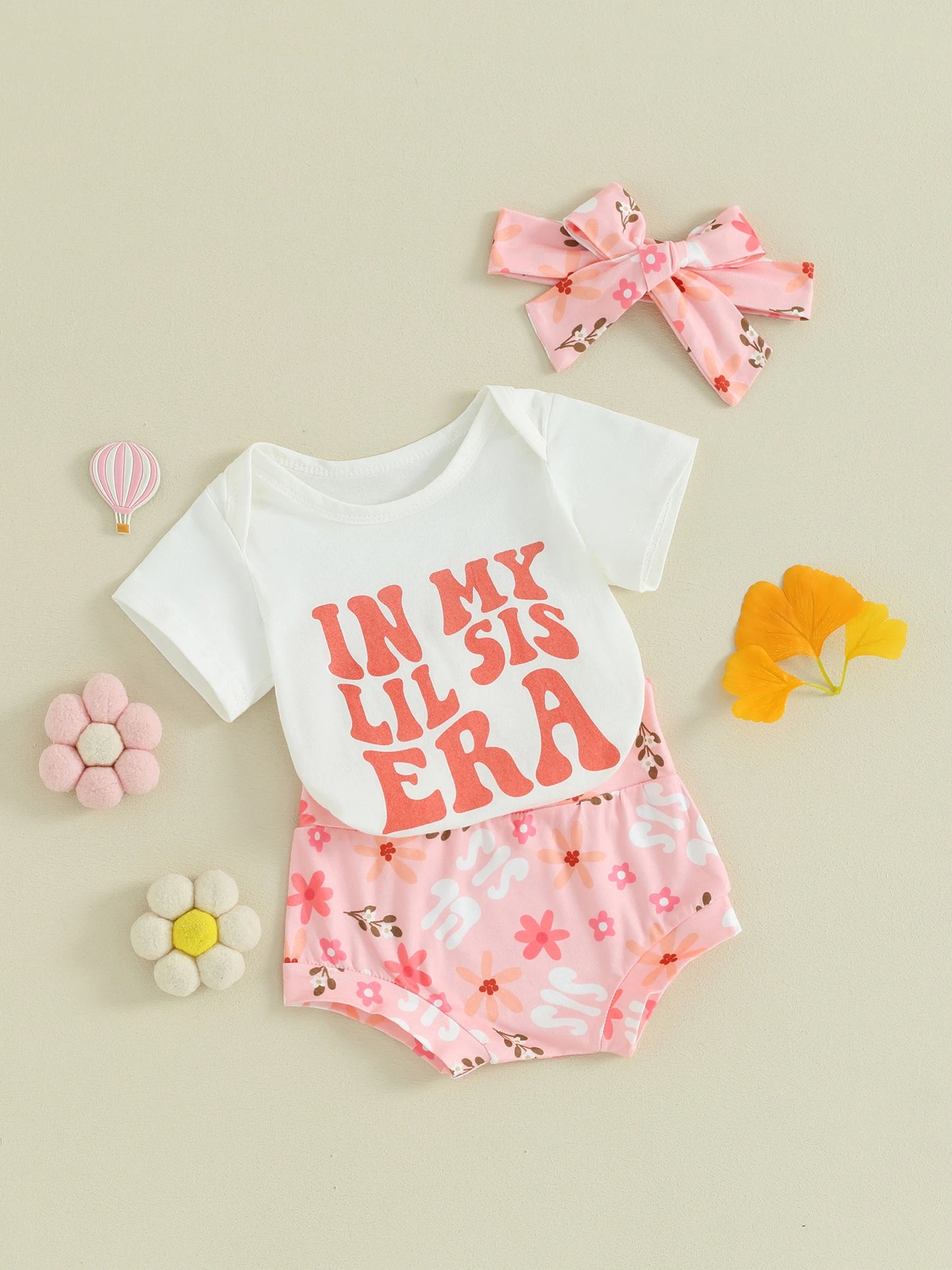 Toddler Baby Girl 3Pcs In My Lil Sis Era Spring Summer Outfits Short Sleeve Letter Romper Flower Pattern Shorts Headband Set