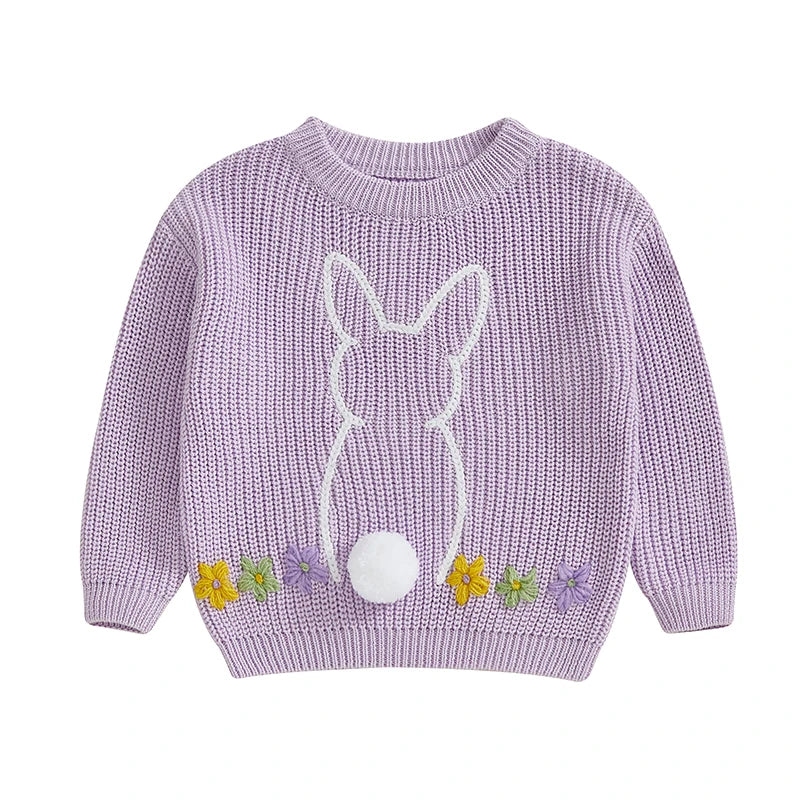 Baby Toddler Girls Sweater Easter Clothes Bunny Rabbit Flower Embroidery Crew Neck Long Sleeve Spring Pullover Top