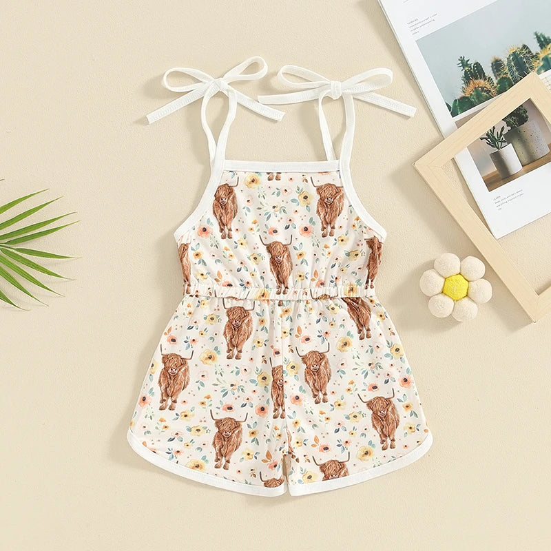 Baby Toddler Girl Western Shorts Romper Floral Flowers Cattle Highland Cow Print Sleeveless Sling Tie-Up Tank Top Overalls Jumpsuit