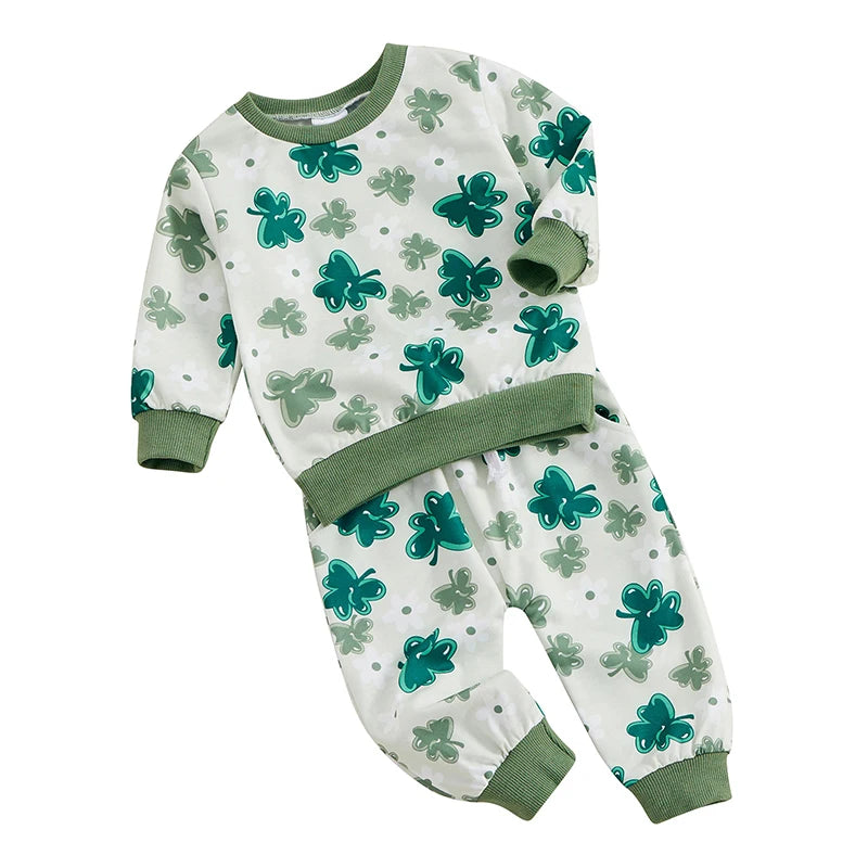 Baby Toddler Girls Boys 2Pcs St. Patrick's Day Outfits Shamrock Print Long Sleeve Top and Long Pants Set