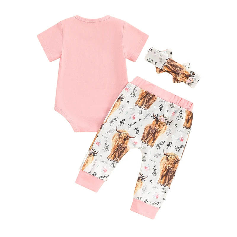 Baby Girls 3Pcs Daddy's Little Cowgirl Short Sleeve Letters Print Romper with Cow Print Pants and Headband Set