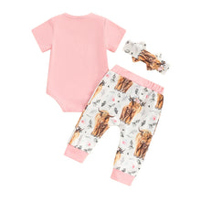 Load image into Gallery viewer, Baby Girls 3Pcs Daddy&#39;s Little Cowgirl Short Sleeve Letters Print Romper with Cow Print Pants and Headband Set
