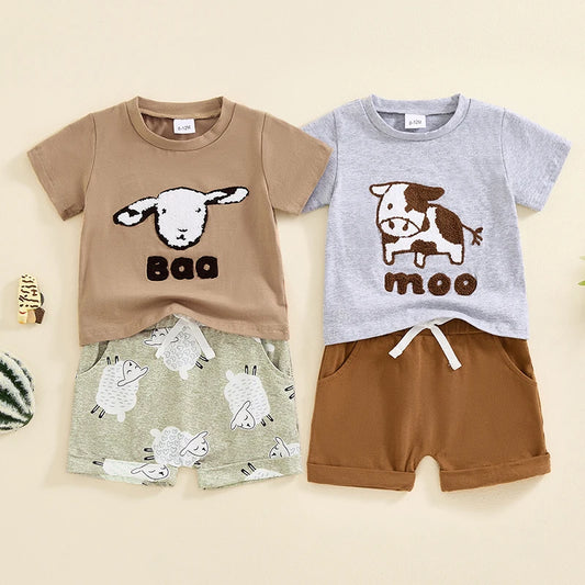 Baby Toddler Boys 2Pcs Summer Outfit Sheep Cow Baa Moo Embroidery Short Sleeve O-Neck Top with Elastic Waist Shorts Set