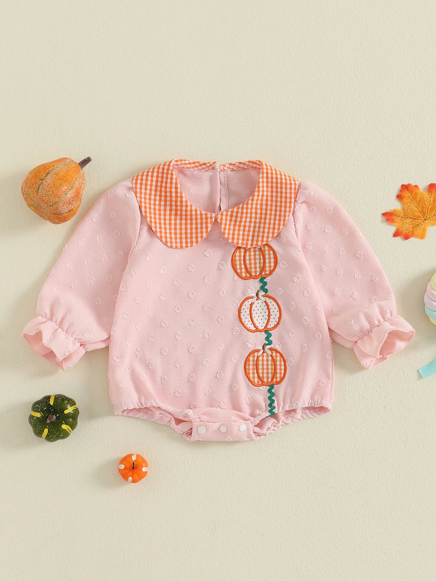 Baby Girl Thanksgiving Bodysuit Long Sleeve Doll Collar Pumpkin Embroidery Romper Fall Playsuit