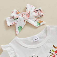 Load image into Gallery viewer, Baby Toddler Girls 3Pcs Easter Outfit Floral Bunny Print Short Sleeve Ruffle T-Shirt + Flare Pants + Headband Set

