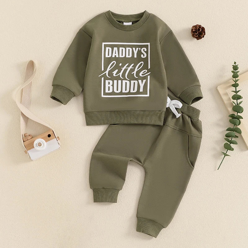 Baby Toddler Boys 2Pcs Daddy's Little Buddy Jogger Set Long Sleeve Letters Print Top with Elastic Waist Pants Outfit