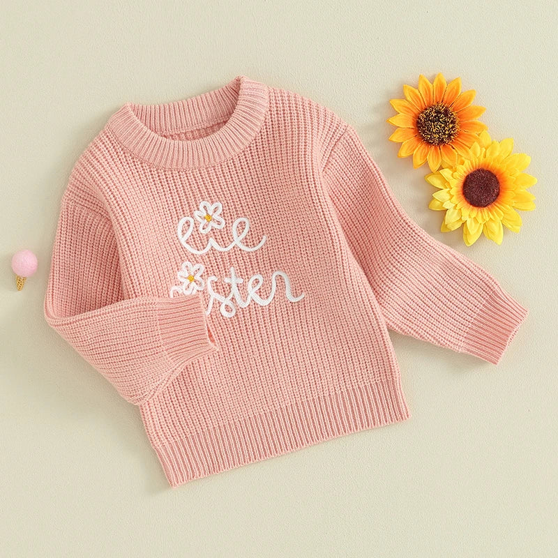 Baby Toddler Kids Girls Sweaters Lil Sister Letter Flower Embroidery Knitted Loose Long Sleeve Top