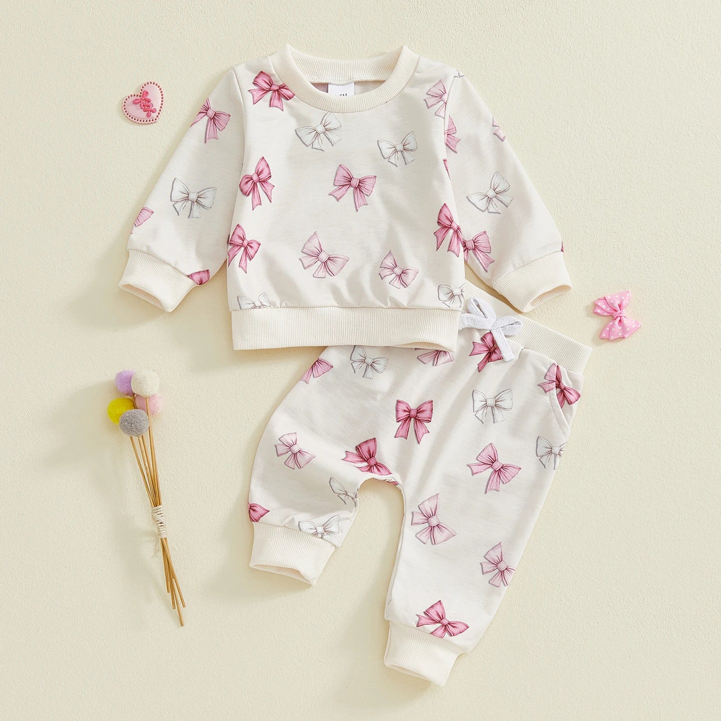 Baby Toddler Girls 2Pcs Spring Outfits Bow Print Long Sleeve Round Neck Pullover Top Elastic Waist Long Pants Jogger Set