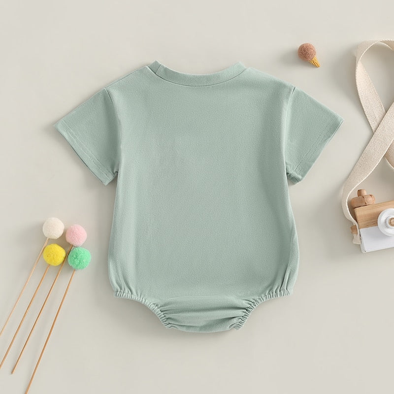 Infant Baby Boy Girl Summer Bodysuit Solid Short Short Sleeve Jumpsuit with Pocket Outfit Bubble Romper