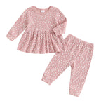 Toddler Kids Girls 2Pcs Fall Outfit Floral Flowers Print Crew Neck Long Sleeve Babygirl Top Elastic Waist Long Pants Set