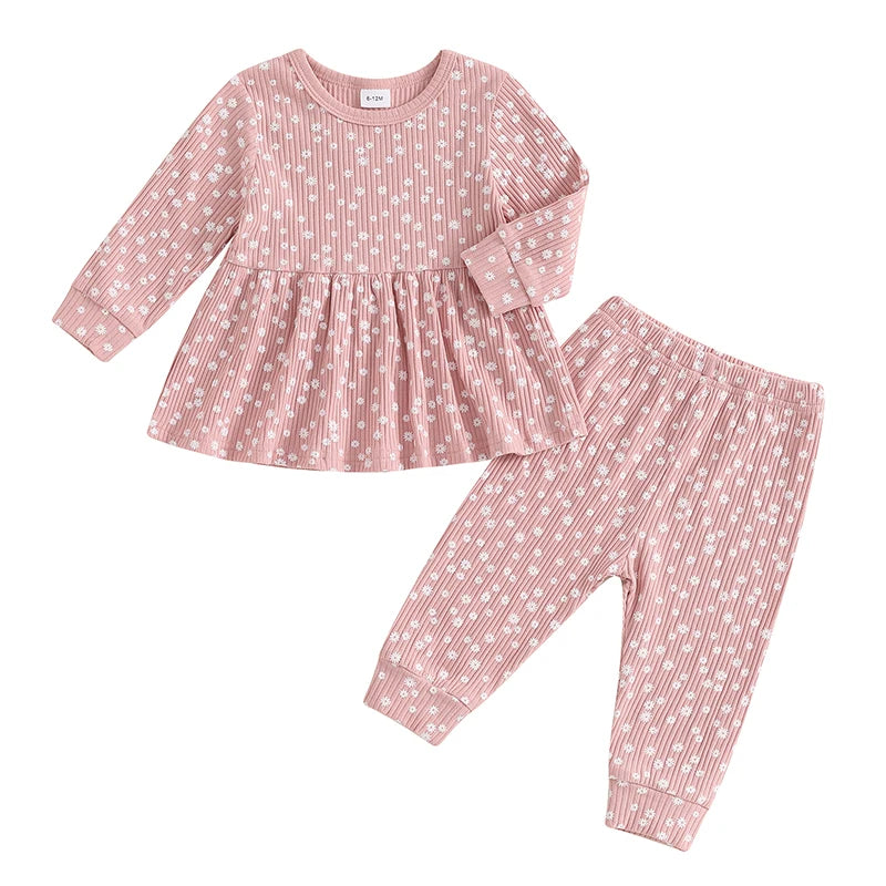 Toddler Kids Girls 2Pcs Fall Outfit Floral Flowers Print Crew Neck Long Sleeve Babygirl Top Elastic Waist Long Pants Set