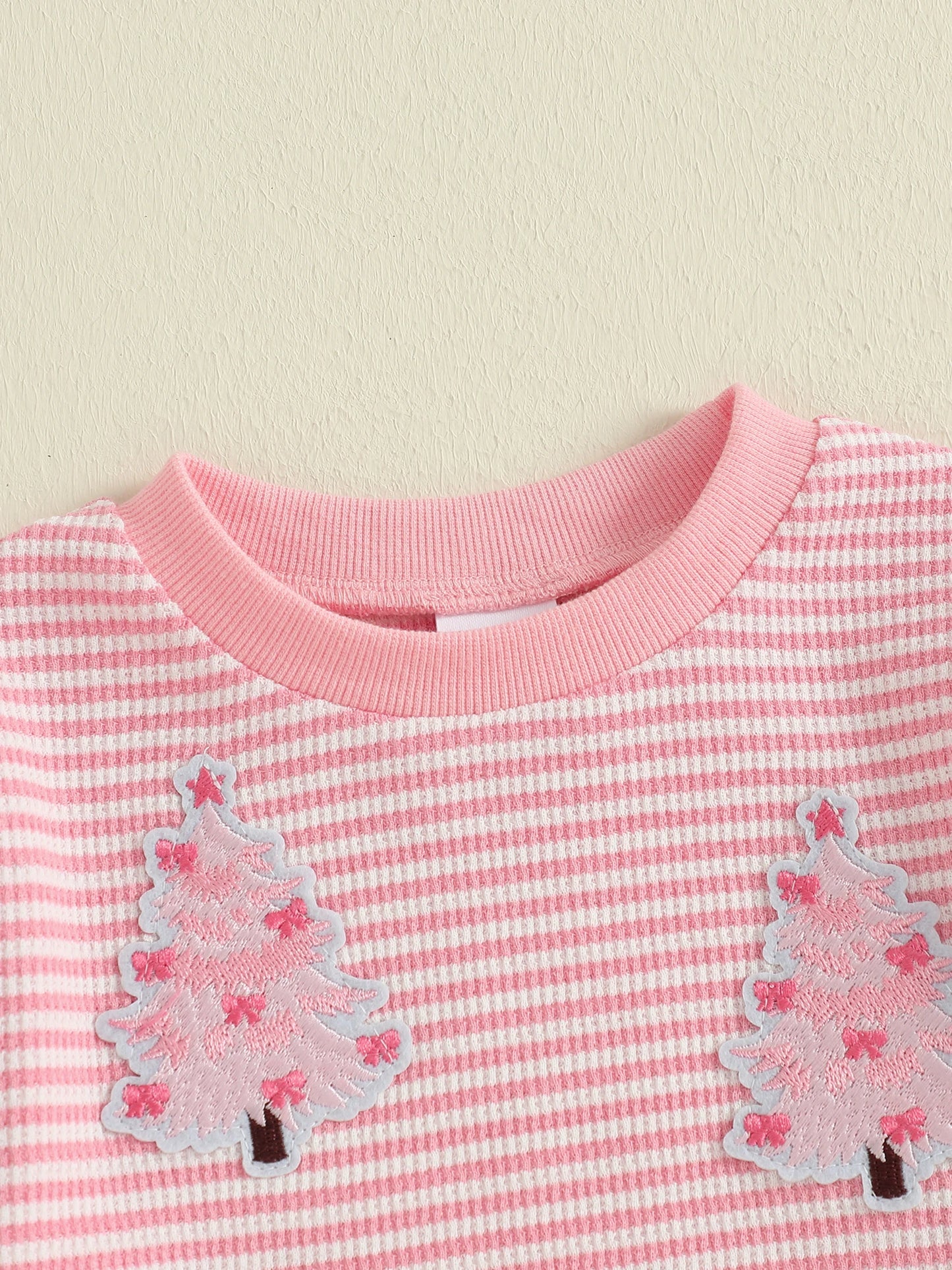 Baby Toddler Girl Christmas Top Christmas Tree Embroidered Striped Crew Neck Long Sleeve Pullover