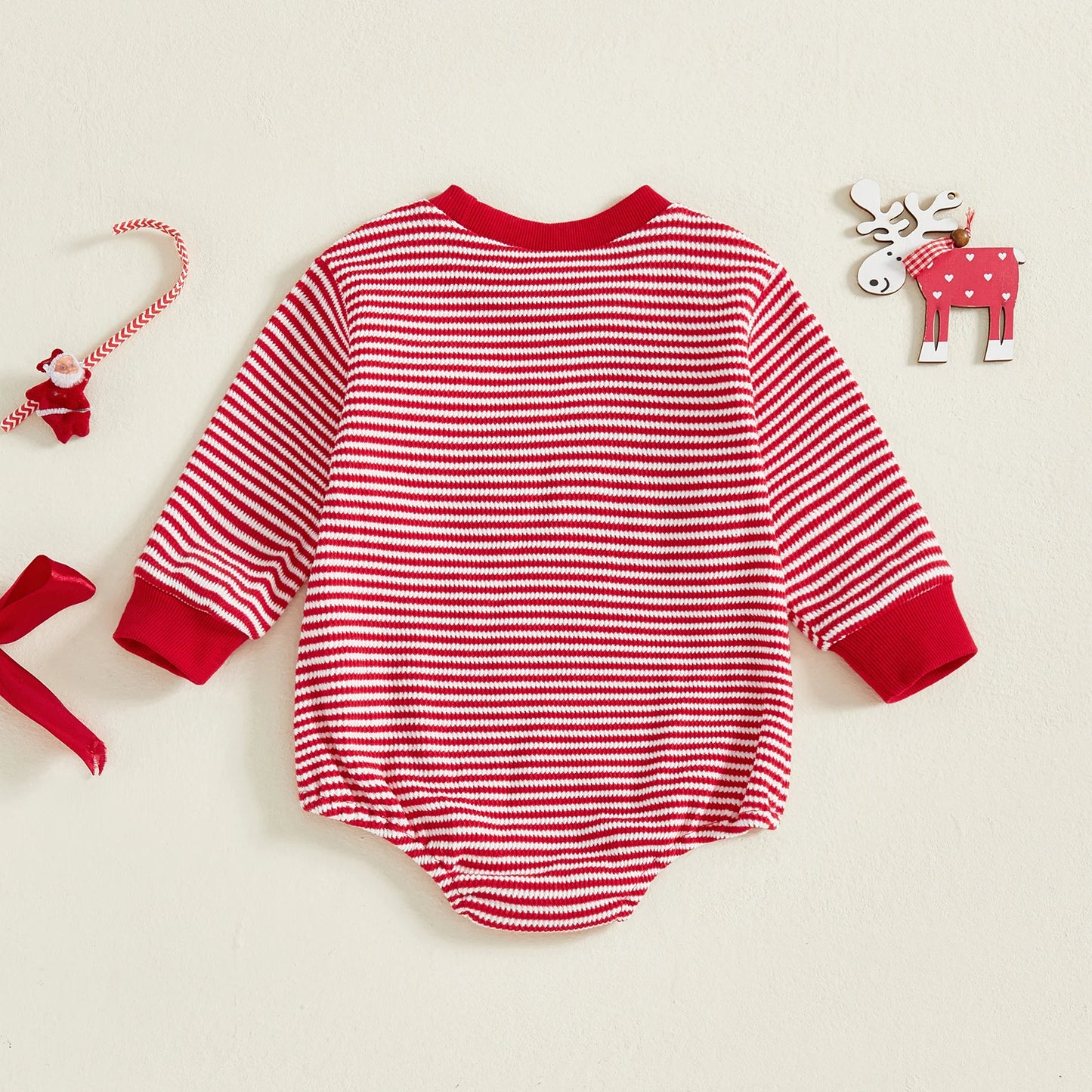 Baby Girls Boys Striped Romper Fashionable Christmas Gingerbread Embroidery Round Neck Long Sleeve Jumpsuit
