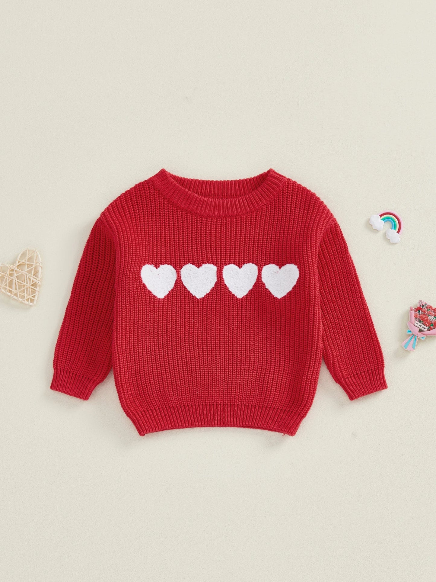 Toddler Kids Boys Girls Valentines Day Knit Sweater Fashionable Heart Cherry Embroidery Crew Neck Long Sleeve Tops