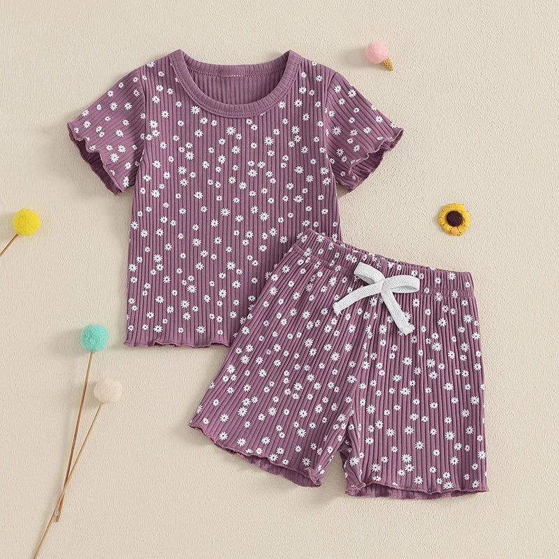 Baby Toddler Girls 2Pcs Flower Set Short Sleeve T-shirt Top With Shorts Floral Outfit