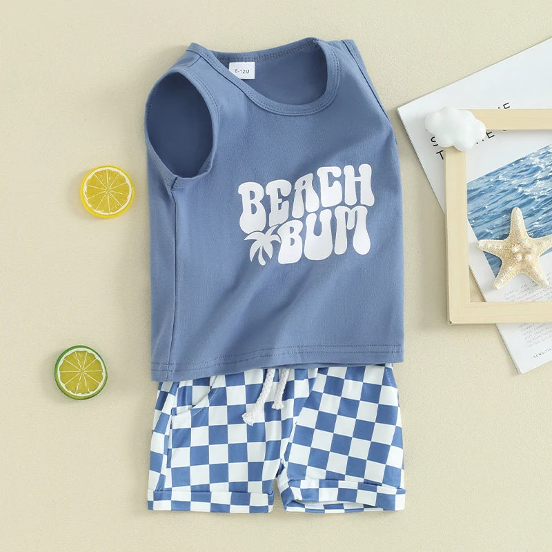 Baby Toddler Boys 2Pcs Beach Bum / The Beach Happy Place / Beach Calling Car Letter Print Sleeveless Tank Top and Checkered Elastic Waist Shorts Clothes Set Outfit