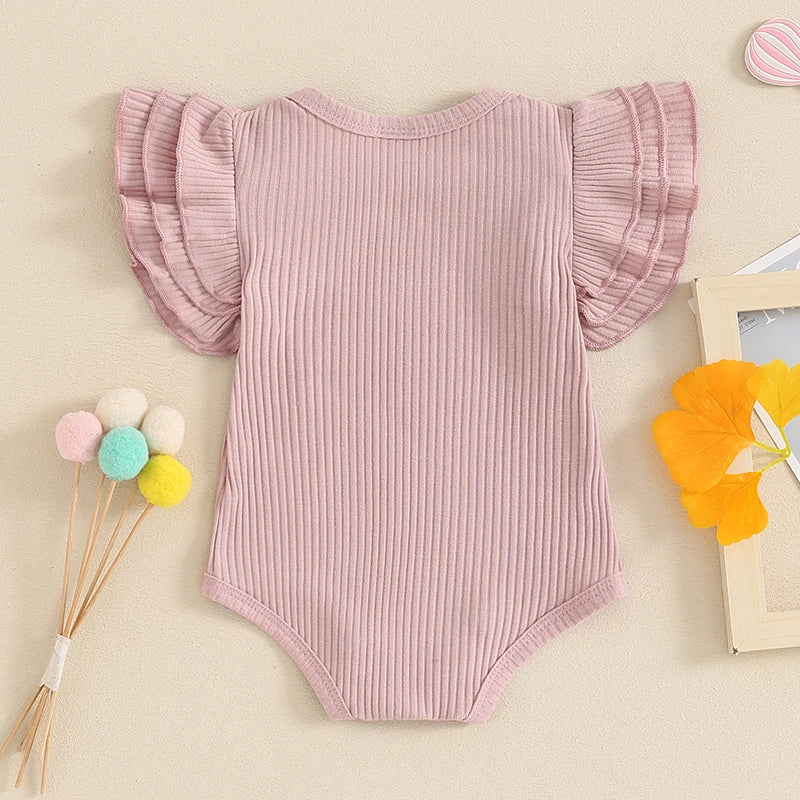 Baby Girl Summer Clothes Ribbed Plain Ruffle Sleeve Short Sleeve Bodysuit Rib Knit Romper