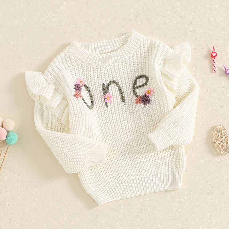 Baby Girl Birthday Sweater One Casual Floral Flowers Letter Embroidery Warm Long Sleeve Knitted Pullover Infant Knitwear Top