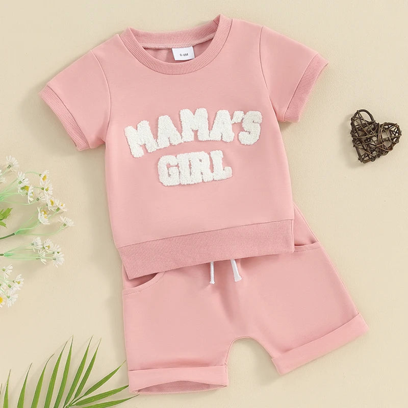 Baby Toddler 2Pcs Girl Fuzzy Letter Mama's Girl Embroidery O-Neck Short Sleeve Top with Shorts Set Outfit