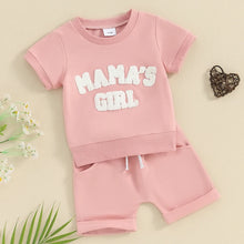 Load image into Gallery viewer, Baby Toddler 2Pcs Girl Fuzzy Letter Mama&#39;s Girl Embroidery O-Neck Short Sleeve Top with Shorts Set Outfit
