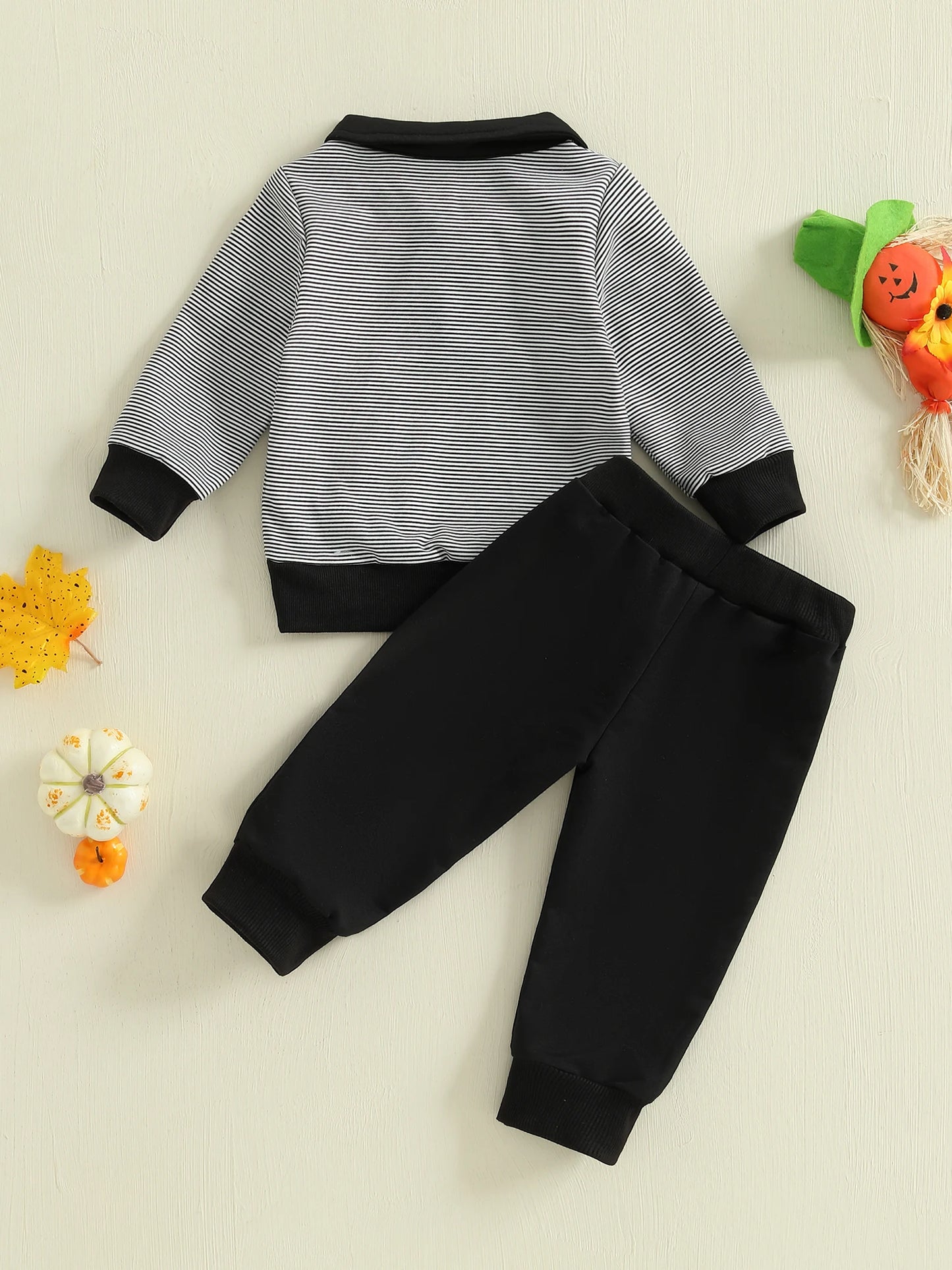 Baby Toddler Boys 2Pcs Halloween Outfit Ghost Embroidery Striped Long Sleeve Top with Pants Jogger Set