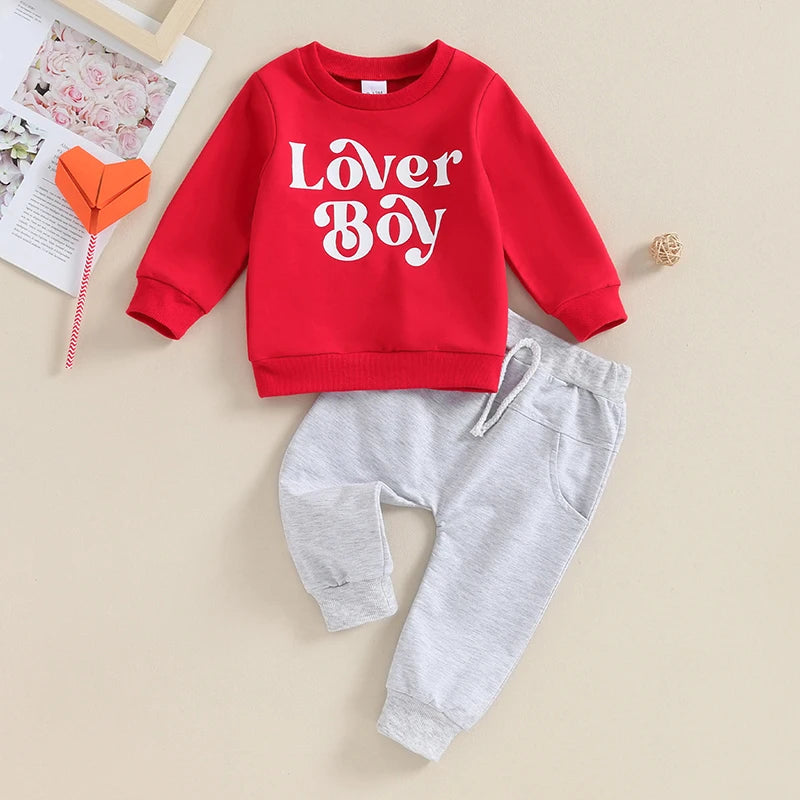 Toddler Baby Boys 2Pcs Valentine's Day Sets Long Sleeve Lover Boy Letter Print Pullover and Drawstring Pants Set