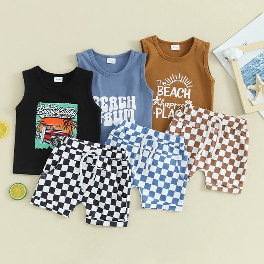 Baby Toddler Boys 2Pcs Beach Bum / The Beach Happy Place / Beach Calling Car Letter Print Sleeveless Tank Top and Checkered Elastic Waist Shorts Clothes Set Outfit