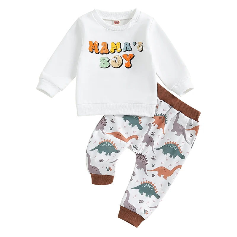 Baby Toddler Boys 2Pcs Mama's Boy Fall Outfit Letter Print Long Sleeve Top and Dinosaur Print Long Pants Set