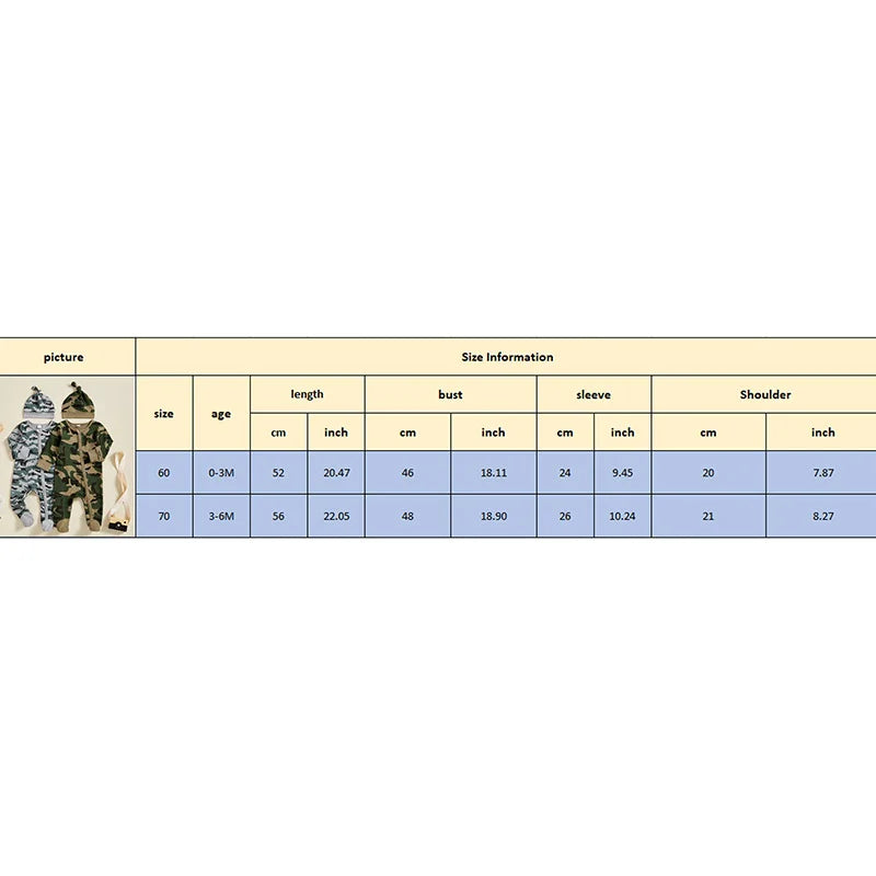 Baby Boys 2Pcs Footies Romper Camouflage Round Neck Long Sleeve Zipper Romper Infant Clothes Jumpsuit with Beanie Hat Set Outfit