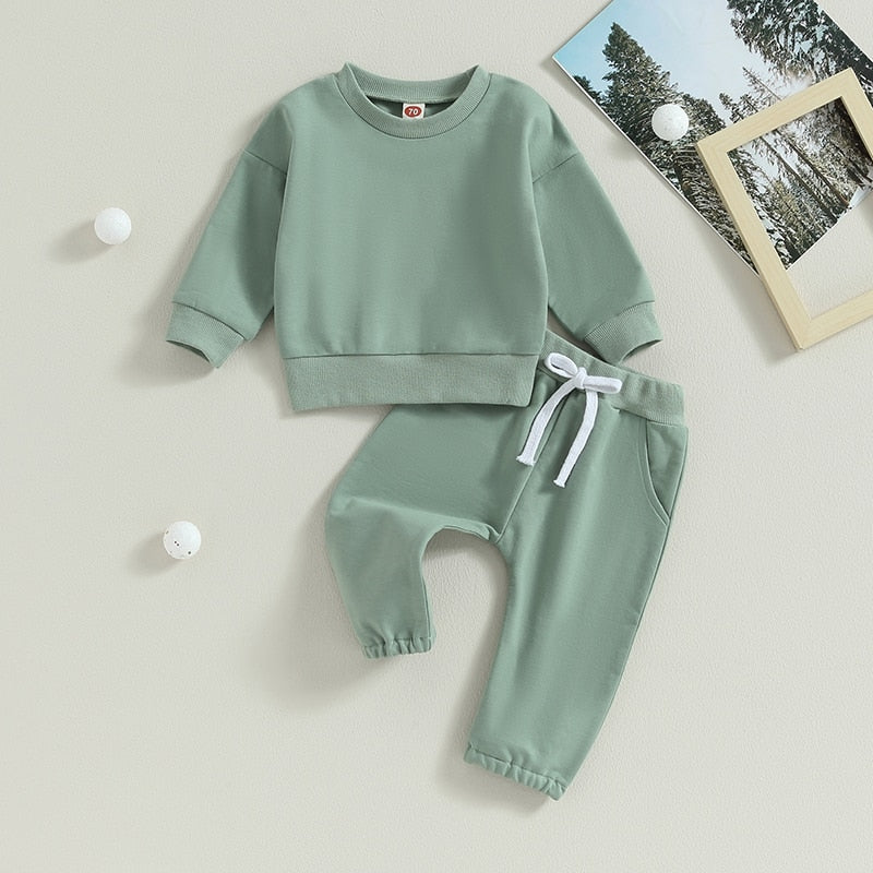 Baby Toddler Girls Boys 2Pcs Fall Sets Solid Long Sleeve Tops Pants Outfit