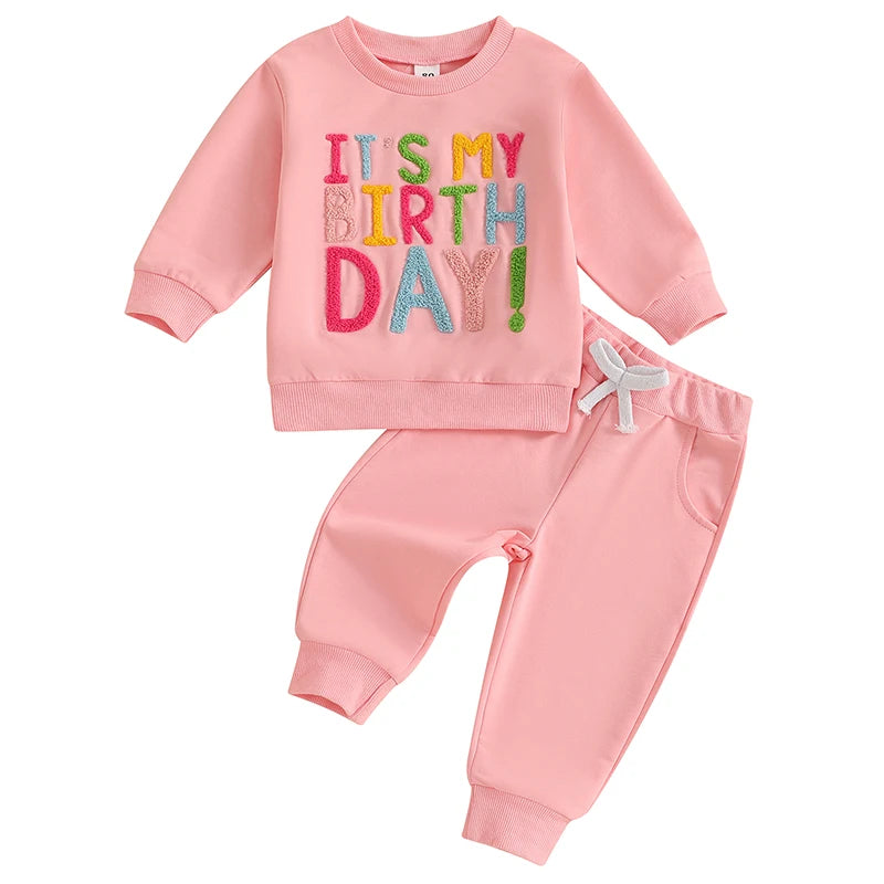 Baby Toddler Kids Girls It's My Birthday Outfit Letter Embroidery Long Sleeve Crew Neck Pullover Top with Solid Long Pants Jogger Set