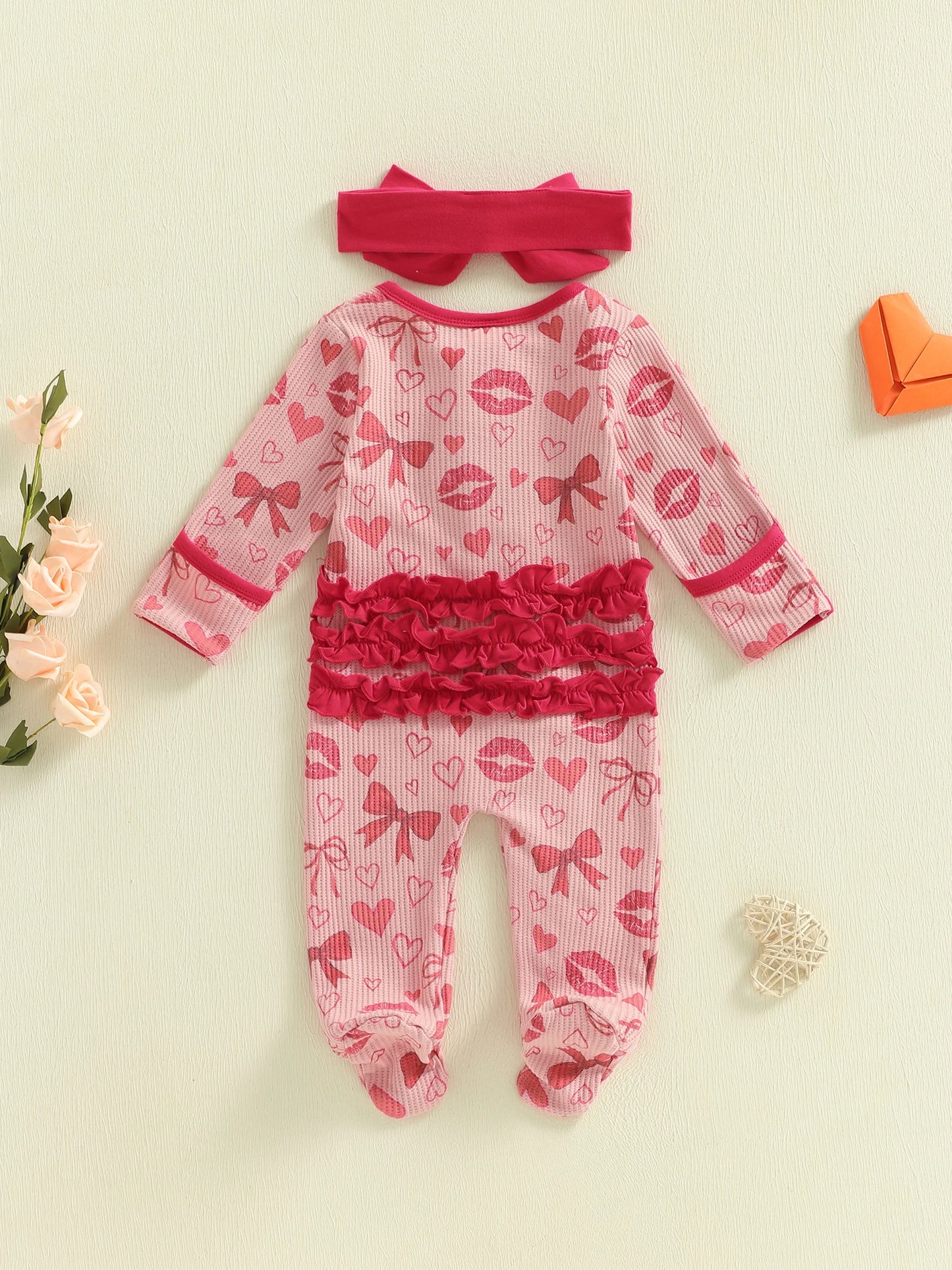 Baby Girls 2Pcs Valentine's Day Outfits Heart Lip Print Long Sleeve Round Neck Ruffled Zipper Romper Footed Jumpsuit with Bow Headband Set