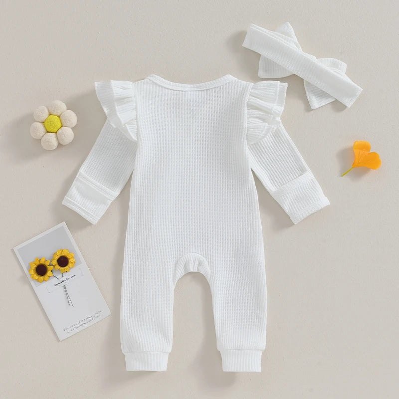 Baby Girl 2Pcs Clothes Ruffle Zipper Romper Long Sleeve Jumpsuit with Bow Headband