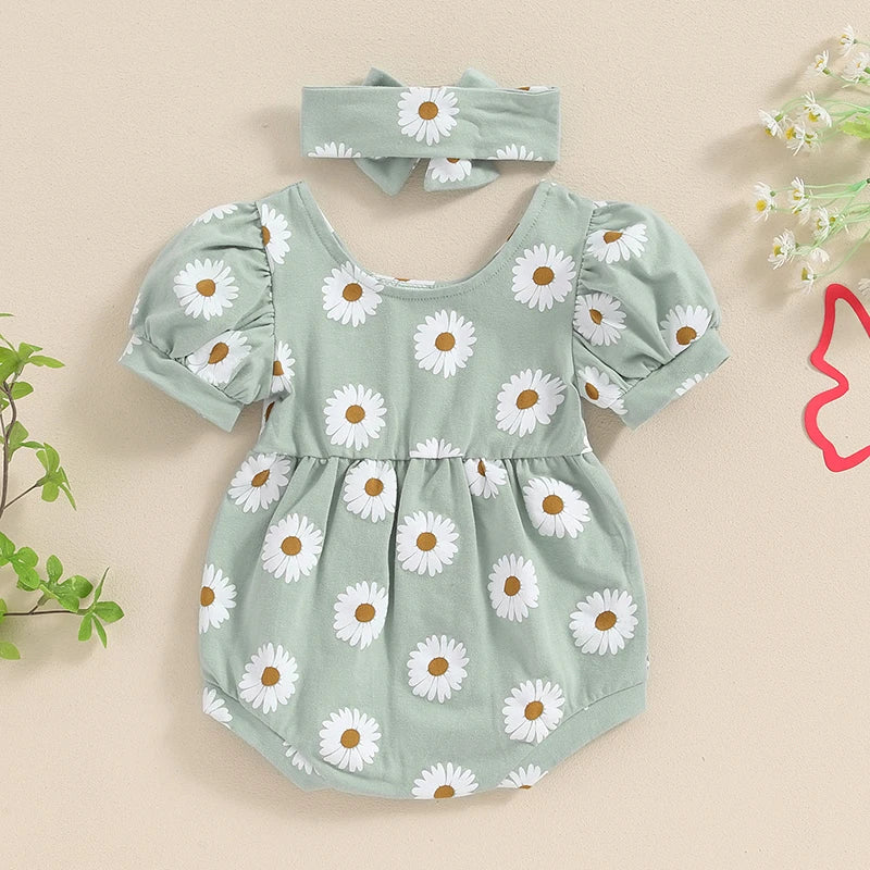 Baby Girls 2Pcs Summer Romper Flower Print Short Puff Sleeve O Neck Floral Bodysuit with Headband