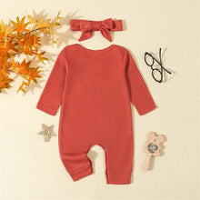 Load image into Gallery viewer, Baby Girls 2Pcs Hello Fall / World / Little Pumpkin Outfit Long Sleeve Crew Neck Embroidery Letters Jumpsuit with Headband Set
