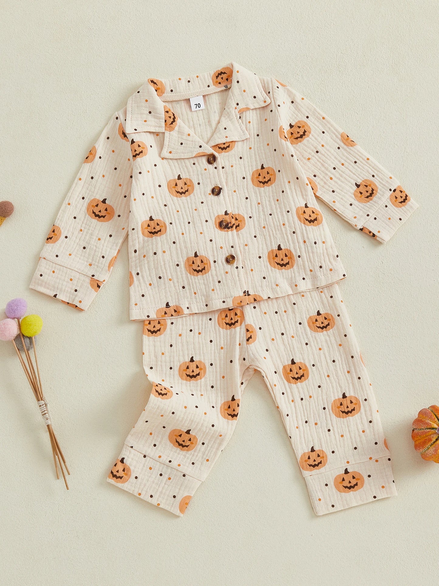 Baby Toddler Boys Girls 2Pcs Halloween Outfit Pumpkin Print Long Sleeve Shirt + Pants Set Loungewear