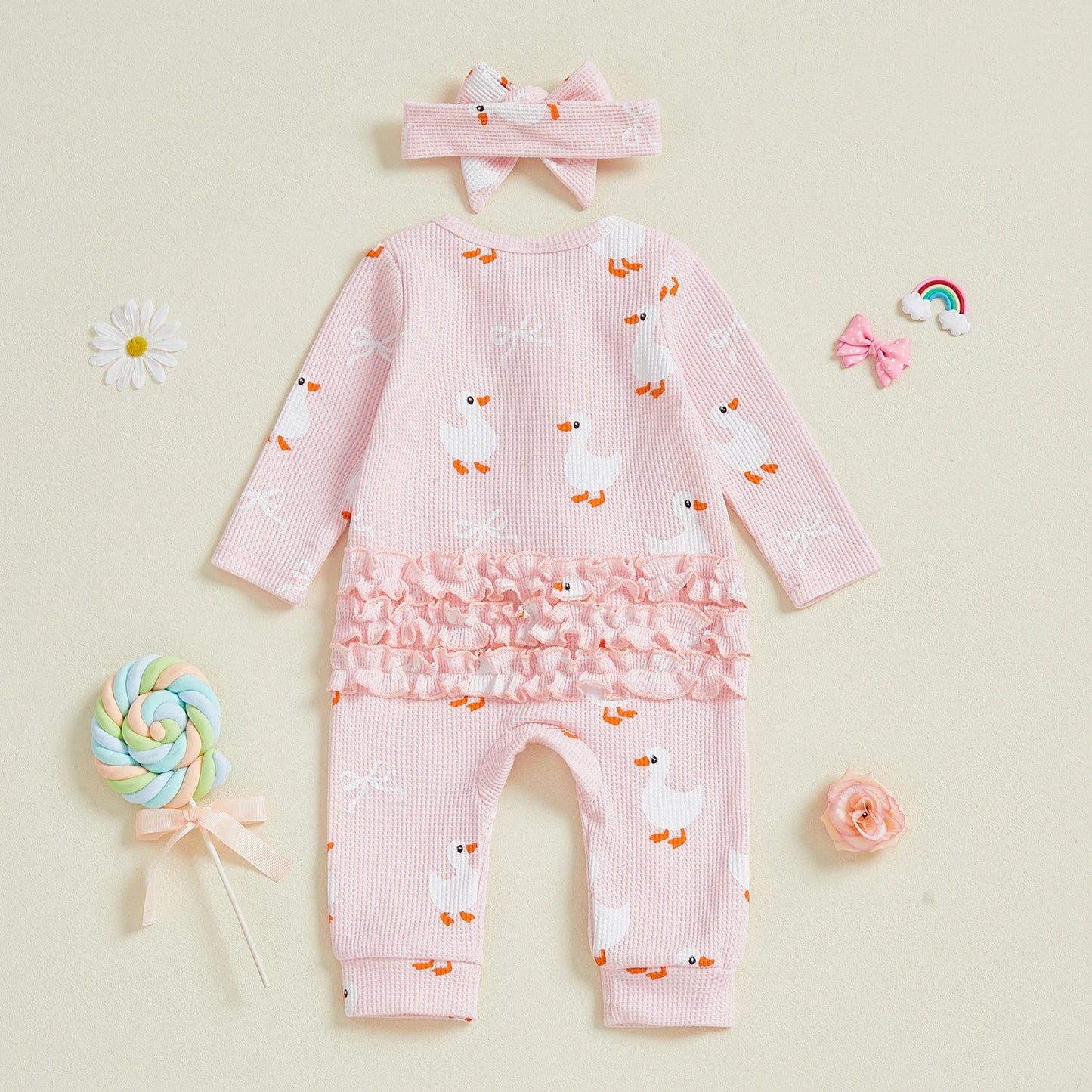Baby Girls 2Pcs Fall Waffled Zipper Romper Bow Goose Animal Print Long Sleeve Round Neck Zip Up Jumpsuit with Headband Set