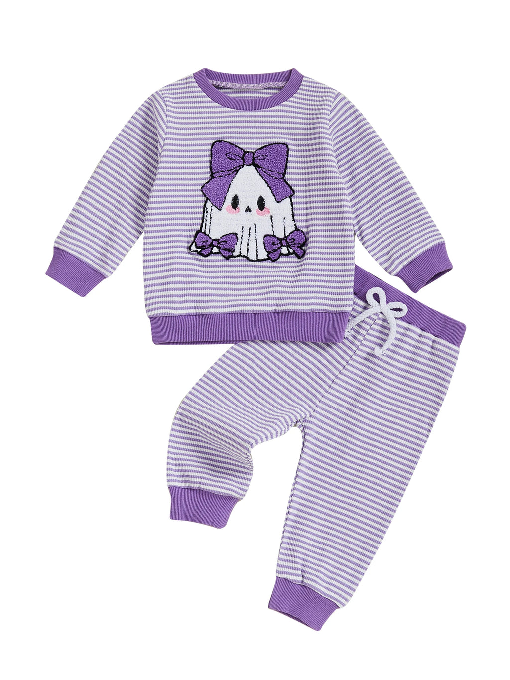 Baby Toddler Girls 2Pcs Pants Set Embroidery Ghost Long Sleeve Top with Striped Jogger Pants Halloween Clothes